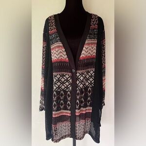 CATHERINES PETITES Women’s Open Cardigan Black Multi Sz XLP 28” L Boho Coastal